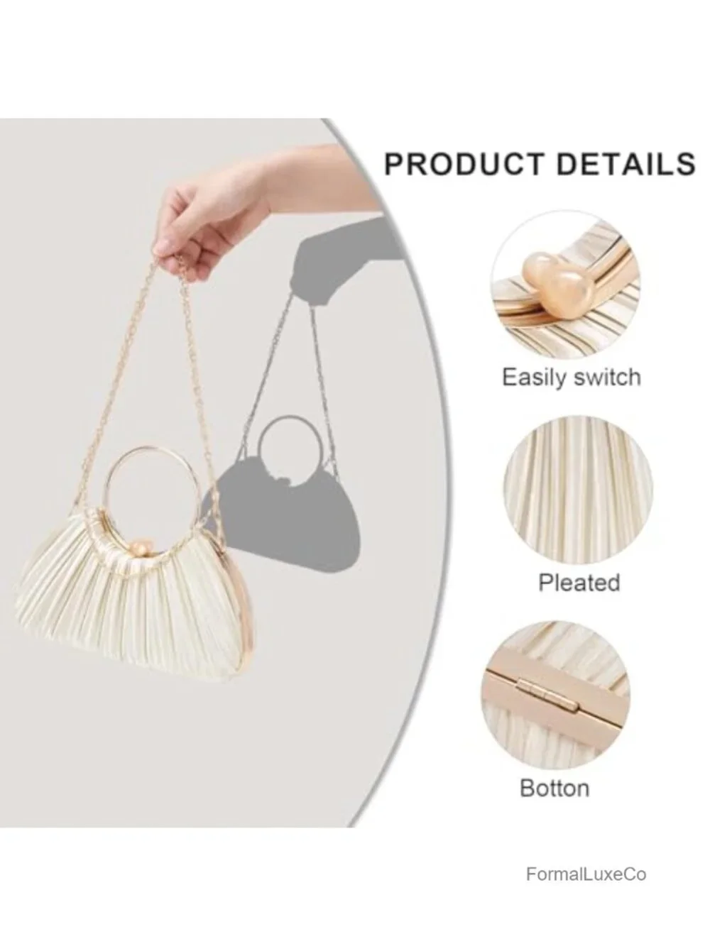 Satin Pleated Evening Clutch Purse - Top Handle Crossbody Wedding Bag